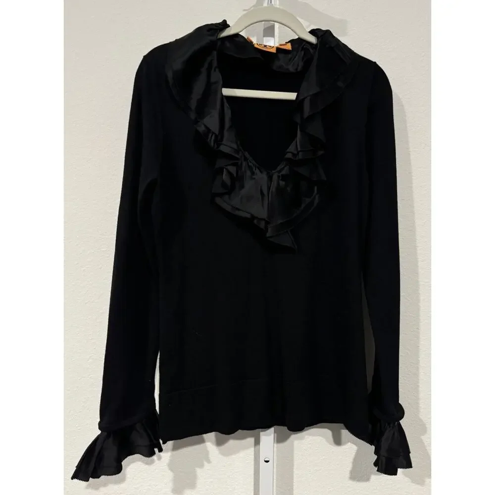 Tory Burch Black V-Neck Sweater with Removable Silk Collar and Cuffs Size L
